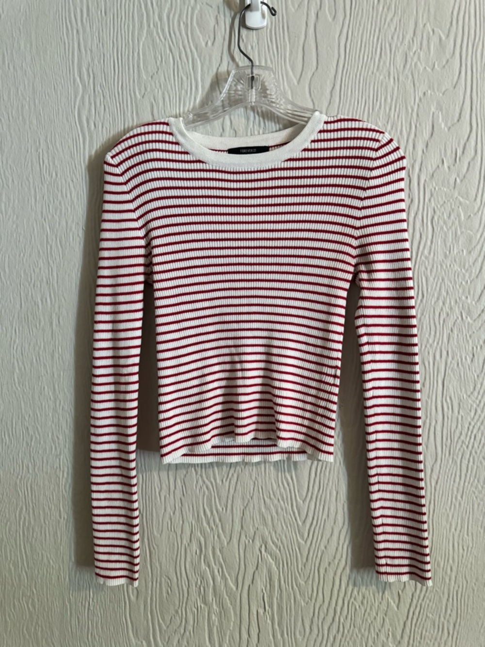 Forever 21 Red & White Ribbed Stripe Long Sleeve Top
